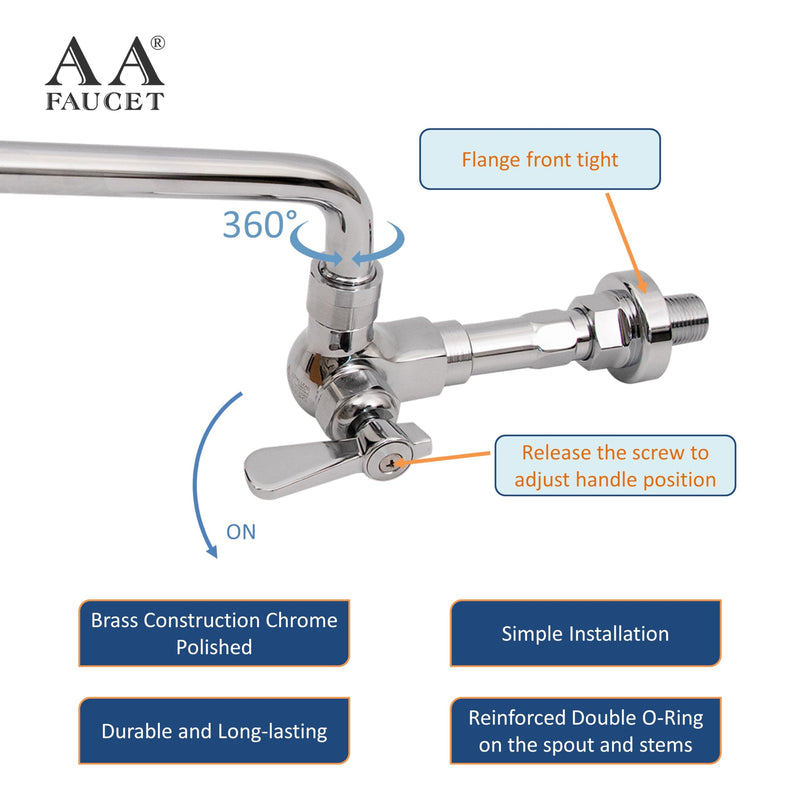 Single Wall Mount Commercial Manual Wok Range Faucet with 14" Swing Spout, Brass Construction Chrome Polished for Restaurant Kitchen NSF Approved Brass Chrome