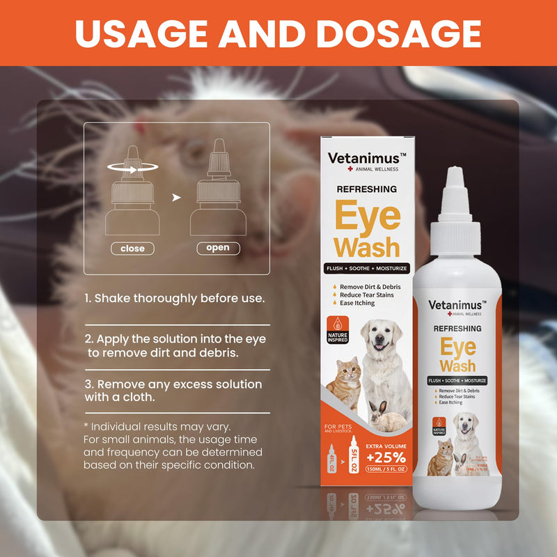 Eye Wash 150ml/5 fl.oz for Dogs, Cats, and Livestock Flush Soothe and Moisturize Reduces Tear Staining 1 Piece
