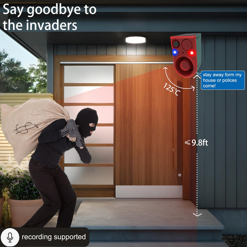 Solar Outdoor Motion Sensor Alarm-Dog Barking&Gunshot Sound, 130db Motion Detector Alarm Light,with Remote Controller,13 Kinds of Sound Red&Blue Strobe Light with USB (± Volume /130dB 1PCS) 911J 1 Pack