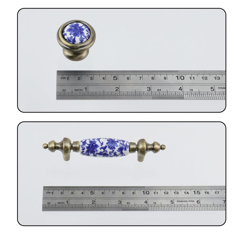 T Tulead Ceramic Drawer Knobs 1.26"×1.06", Cabinet Handle Pulls 3" Hole Centers, Blue and White Porcelain Pulls Handles Knobs Sets, Zinc Alloy Base, 4 Sets with Screws