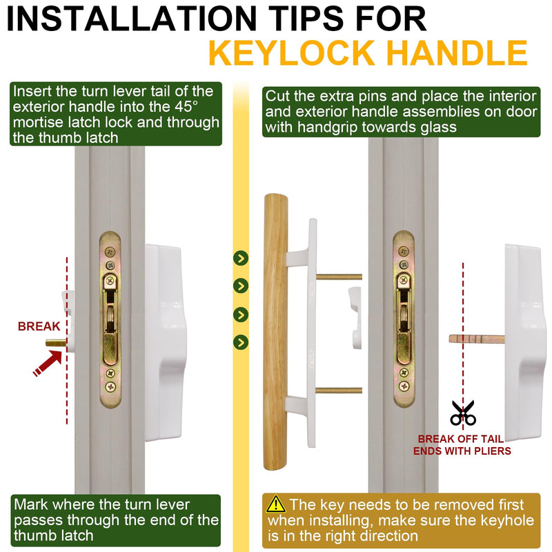 Sliding Glass Patio Door Handle Set with Key Cylinder, Fit for 45° Mortise Latch Lock Not Included, Oak Wood Inside Handles and Zinc Diecast Outside Pull, 3-15/16" Hole Spacing, White