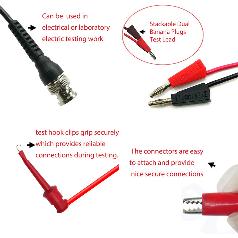 BNC Test Leads Kit, BNC Male to Dual Alligator Clip Test Leads, BNC Male to Dual Test Hook, BNC Male to Dual Stackable Banana Plug Cable Wires, BNC to BNC Coaxial Cable