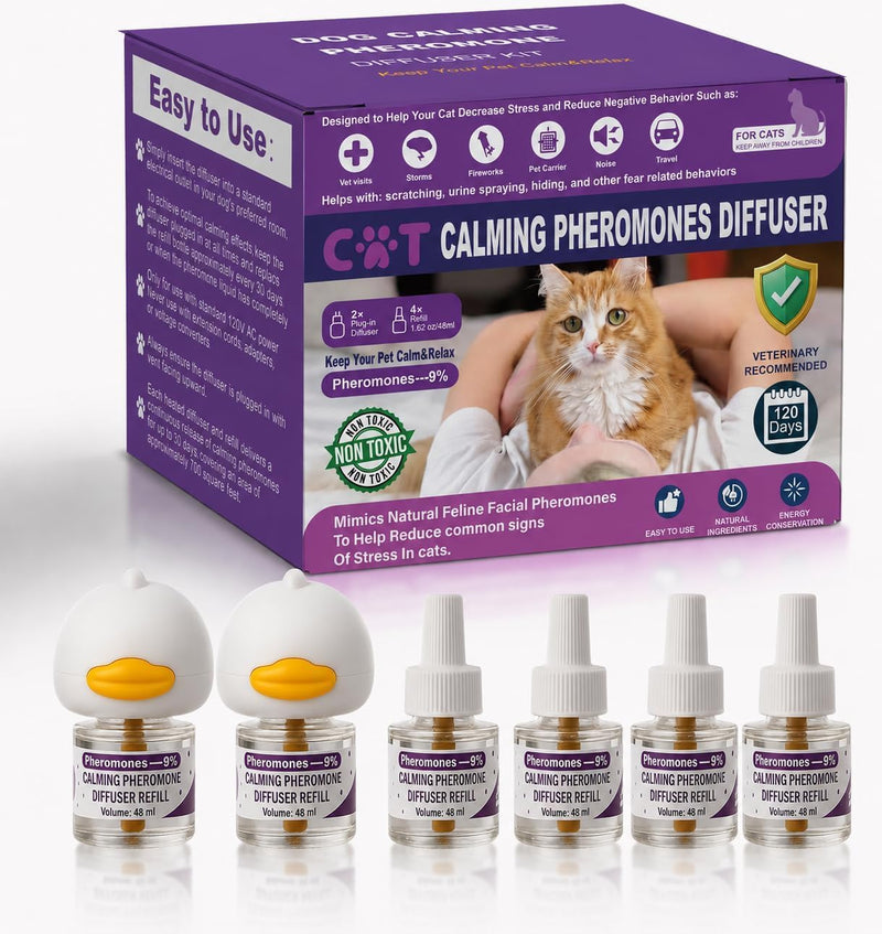 Cat Pheromones Calming Diffuser, Cat Calming Plug In Pheromone Diffuser Starter Kit with 2 Diffusers + 4 Refills - Relieve Anxiety, 120 Days Starter Kit Long-Lasting Stress Relief for Cats (Purple) Purple
