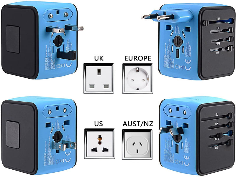 International Travel Adapter Universal Power Adapter Worldwide All in One 4 USB Perfect for European US, EU, UK, AU 160 Countries (Blue) Blue-N - NewNest Australia