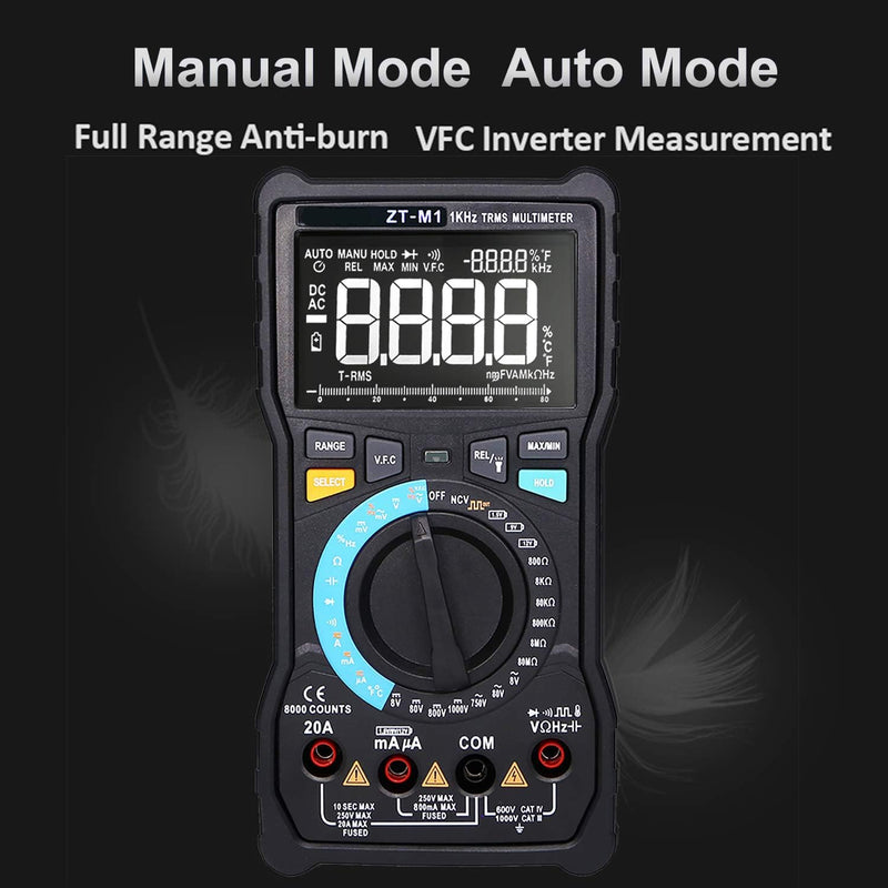 Auto Ranging Digital Multimeter TRMS 6000 with Battery Alligator Clips Test Leads AC/DC Voltage/Account,Voltage Alert, Amp/Ohm/Volt Multi Tester/Diode (ZT-M1) ET826