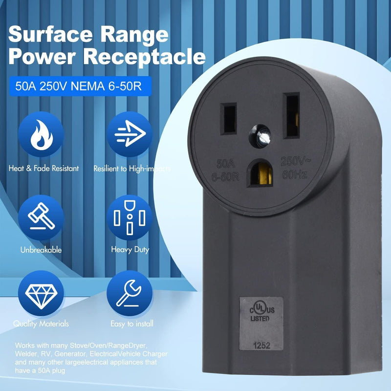 Micmi NEMA 6-50R Receptacle 2-Pole 3-Wire Surface Mount Power Receptacle 250V 50A UL Listed, Black (NEMA 6-50R)