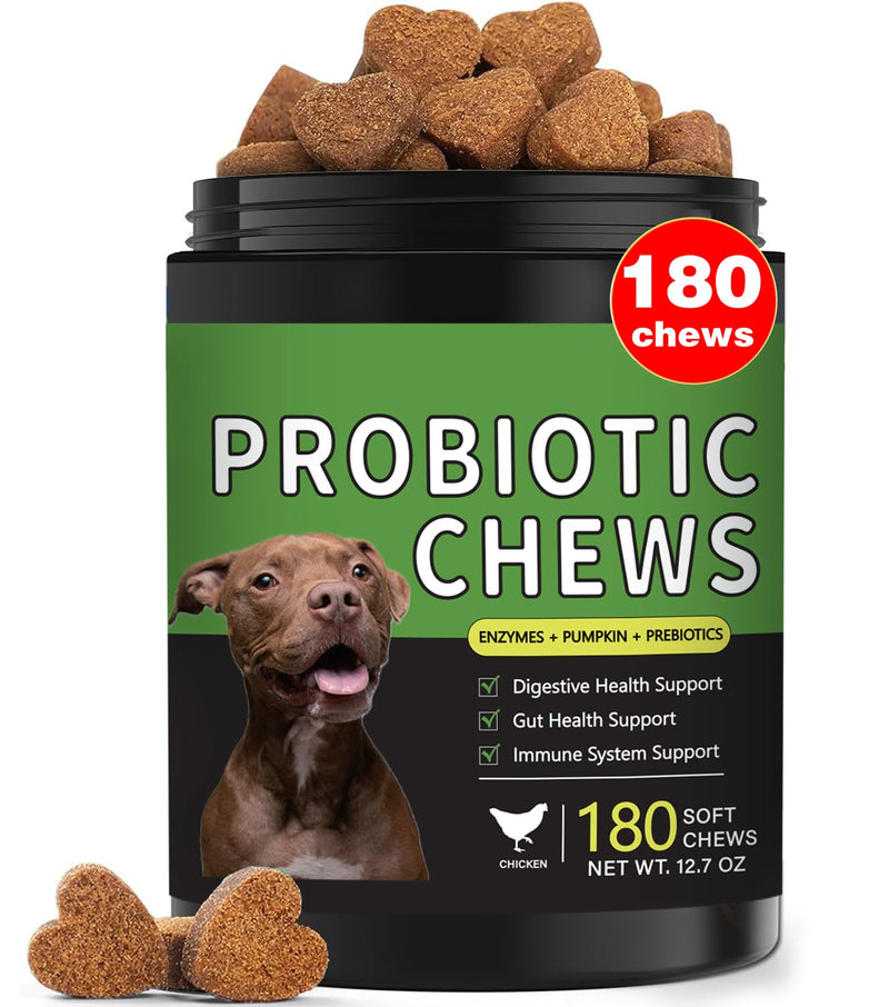 Probiotics for Dogs - 180 Dog Probiotics Chews with 5 Enzymes & 4 Prebiotics for Digestive and Gut Health - Diarrhea & Bowel Support, Yeast Balance, Immunity, Allergies & Itchy Skin (Chicken) Chicken