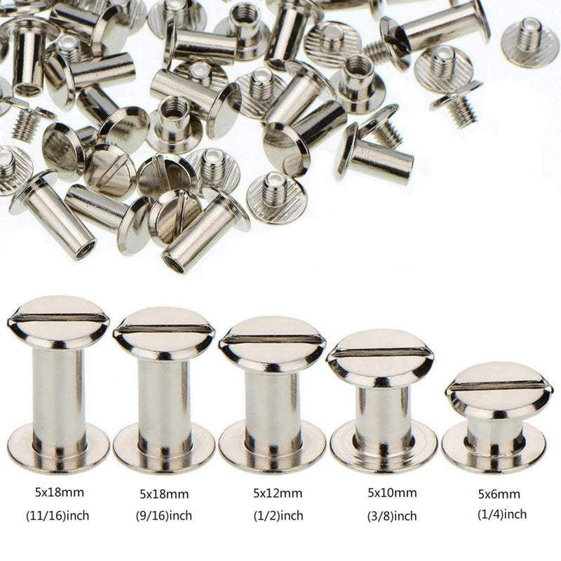 Chicago Screws 100 Sets Screw Posts Metal Accessories Nail Rivet DIY Leather Decoration Document Book Album Bookbinding Round Flat Head Stud Screw(Silvery, 1/4, 3/8, 1/2, 9/16,11/16 in)