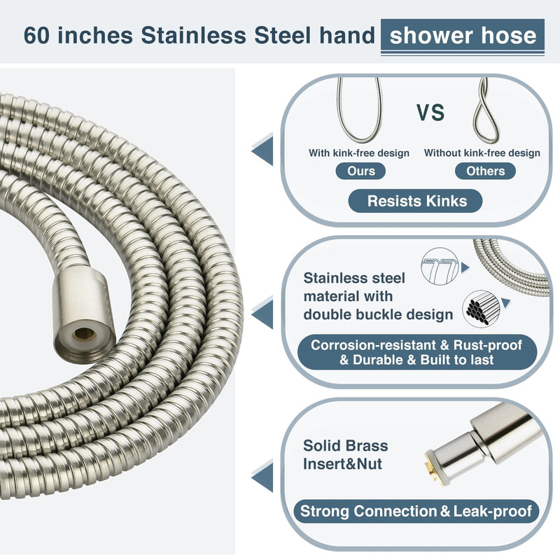 BRIGHT SHOWERS 9 Spray Settings Shower Head with Handheld High Pressure Brushed Nickel Hand Held Showerhead with 60 Inch Stainless Steel Hose and Adjustable Overhead Bracket 2.5 Gallon Per Minute