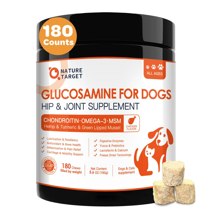 NATURE TARGET Glucosamine for Dogs - Hip and Joint Supplement for Dogs, 180 Crunchy Chews, Glucosamine Chondroitin, Omega-3, MSM, Turmeric for Pain Relief, Dog Joint Supplement Large & Small Breed 180 Counts