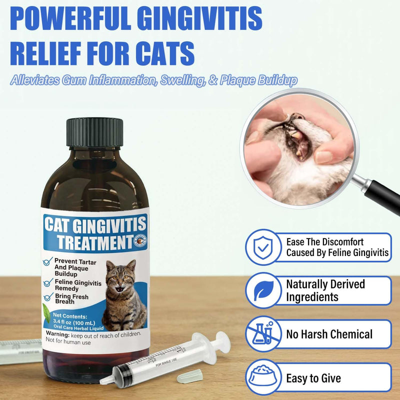 Cat Gingivitis Treatment Liquid 100ml - Cats Dental Care Clean Teeth & Gums, Eliminate Bad Breath, Natural Extracts Lessen Tartar & Plaque, Include 3 ml Dropper with Cap