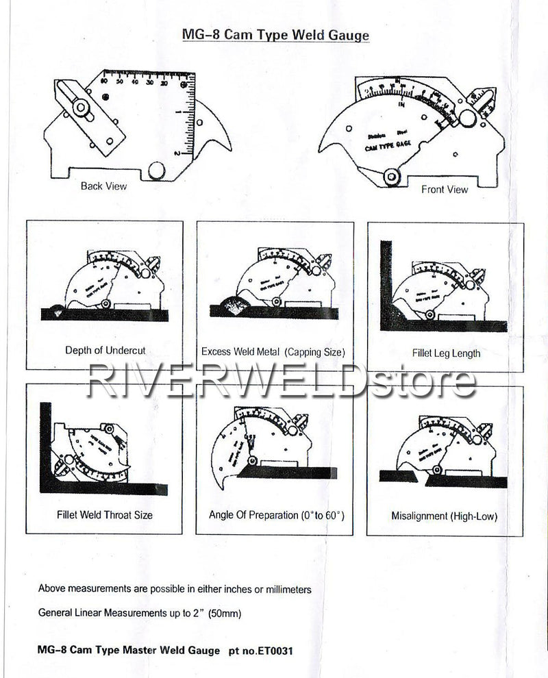 RIVERWELD Bridge Cam Gage Test Ulnar Welding Inspection Gauge Checks Depth of Undercut and Pitting Fillet Weld Throat Size and Length Angle of Preparation Misalignment Outside misalignment