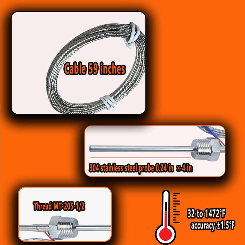 Heavy Duty 1/2 Inch NPT Thread K-Type Thermocouple Probe 4 Inch Long 0.24 Inch 304 Stainless Steel 59 Inch Cable, Temperature Range 32°F to 1472°F Model MT-205-1/2
