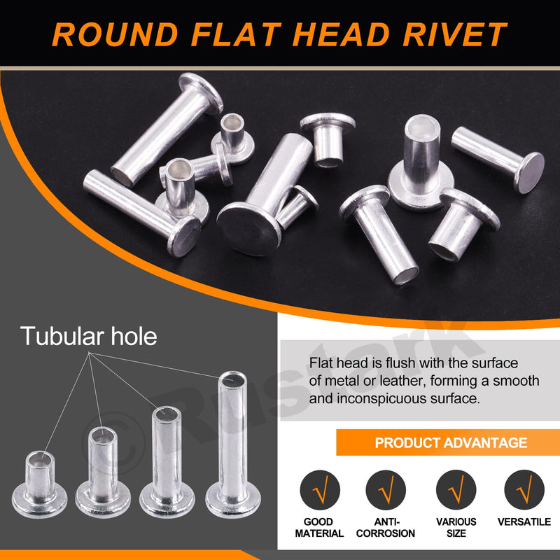 390Pcs M3 M4 M5 M6 Aluminum Flat Head Semi Tubular Rivets Assortment Kit Partial Hole Tubular Rivets Round Flat Head Semi Tubular Rivets Silver Tone for Household Industry Repair