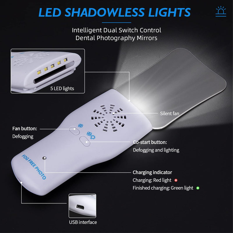 Dental Photography Mirrors Fog Free - 2 Sided Intraoral Photo Reflector Dental Stainless Steel Occlusal Mirror Fan with 4 Interchangeable Mirrors