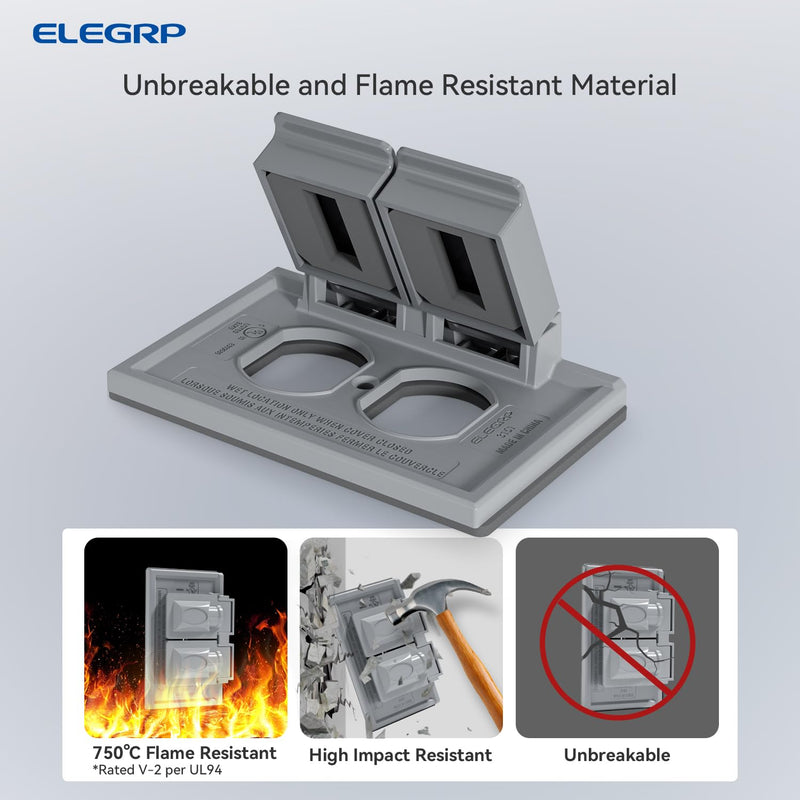 ELEGRP Horizontal Outdoor Cover for Duplex Receptacles, 2-Hole Weatherproof Wall Plate, Outdoor Electrical Outlet Cover, Standard Size 1-Gang 4.55” x 3.02”, Thermoplastic, 1 Pack, Grey Grey-Horizontal (2 Holes)