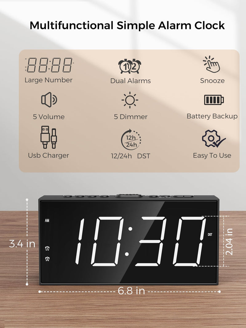 PPLEE Alarm Clock for Bedroom, 2 Alarms Loud LED Big Display Plug in Simple Basic Digital Clock with USB Charging Port, Adjustable Volume, Dimmable, Snooze for Deep Sleepers Kids Elderly Home Office With Basic Digits White