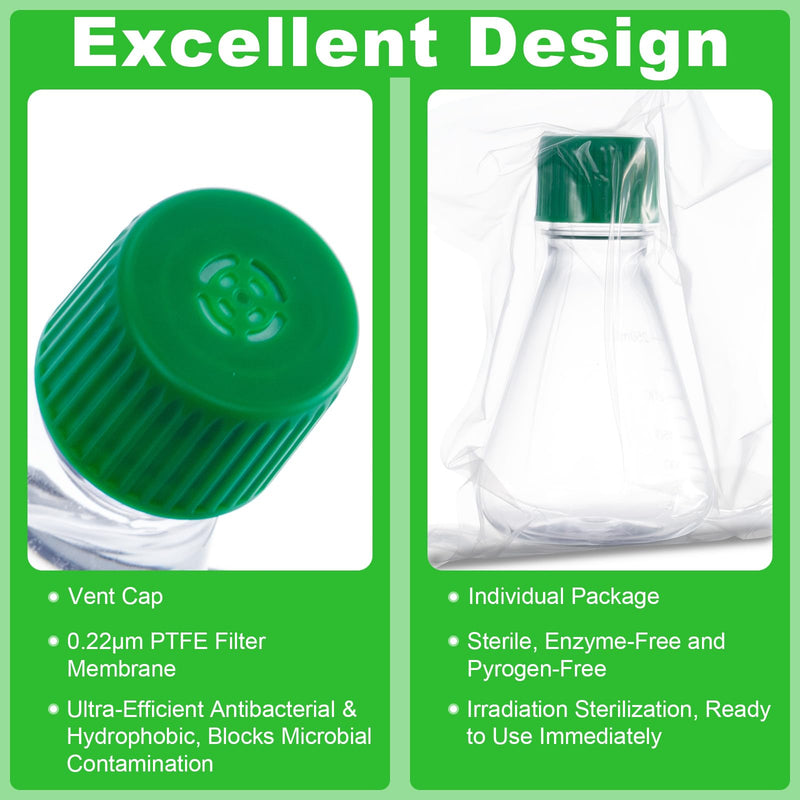 250ml Plastic Erlenmeyer Flask, 6Pcs 8oz Sterile Polycarbonate (PC) Conical Cell Culture Flask with Vent Cap for Lab Chemistry Science, Individually Wrapped, Graduated, 0.22 μm PTFE, Flat Bottom 250mL 6