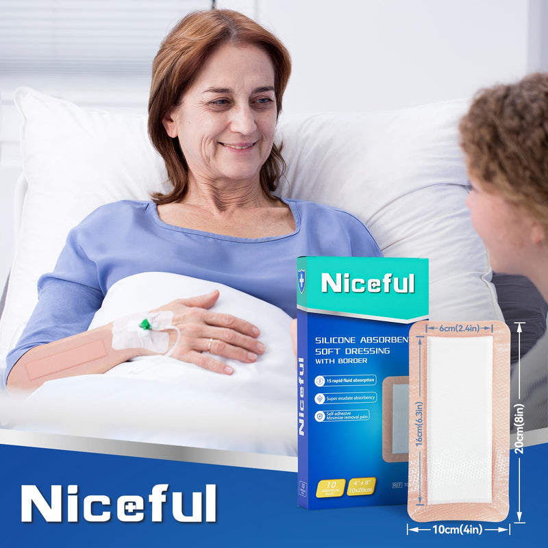 Silicone Super Absorbent Wound Dressing - 4"×8" Large Absorbant Bandages with Adhesive Borders, FSA HSA Eligible, Wound Care Dressings for Bed Sores Leg Ulcers Self-Adhesive 4"x 8"
