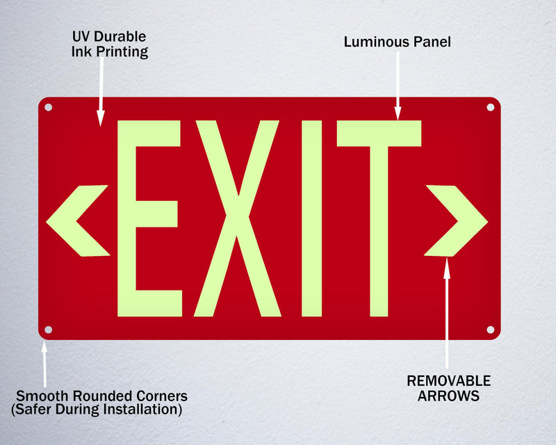 (2 Pack) Photoluminescent Exit Sign Red - with Removable Directional Arrows, With strong self adhesive tape, 14.25 x 7.5 Inches Heavy Duty Aluminum Signs, Fade Resistant 2pack