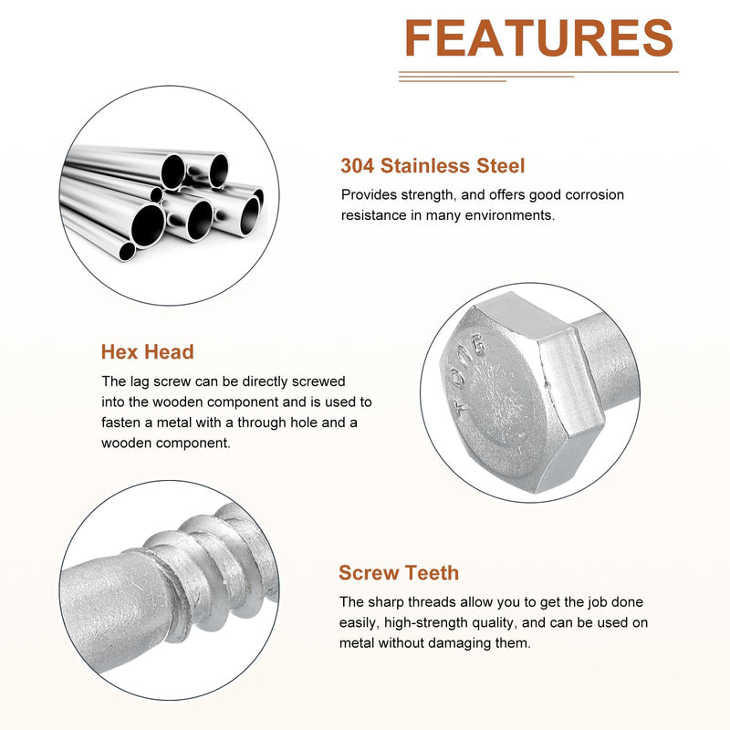 1/4" x 4" Hex Lag Bolts - 10 Pack - for Woodworking, Furniture - 304 Stainless Steel Partial Thread Hexagon Head Lag Screws for Wood - Silver 1/4" x 4"