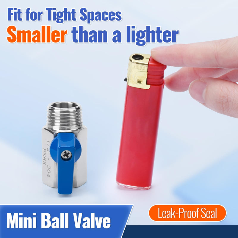 2 Pack 1/2" Mini Ball Valve, 304 Stainless Steel Water Flow Control Male x Female NPT Threaded Shut-Off Drain Valves with Quarter Turn Operation 1/2 Inch