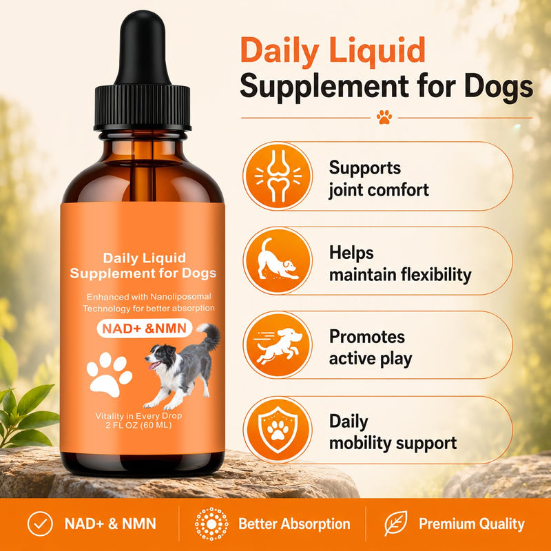 Dog Longevity Supplement with NMN, NAD+, CoQ10 & Resveratrol - Supports Joint Health, Vitality & Healthy Aging - 60-Day Nanoliposomal Drops for Better Absorption