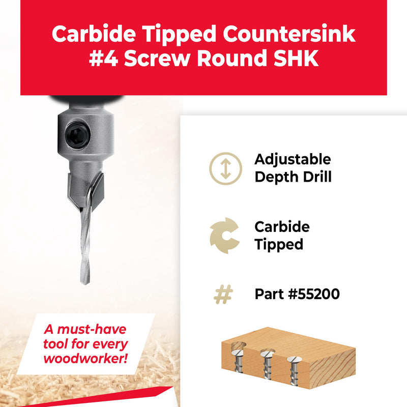 Amana Tool Carbide Tipped Countersink Drill Bit, 55200, 4 Screw, 11/32 D x 3/32 Drill Dia x 5/16 Round Shank