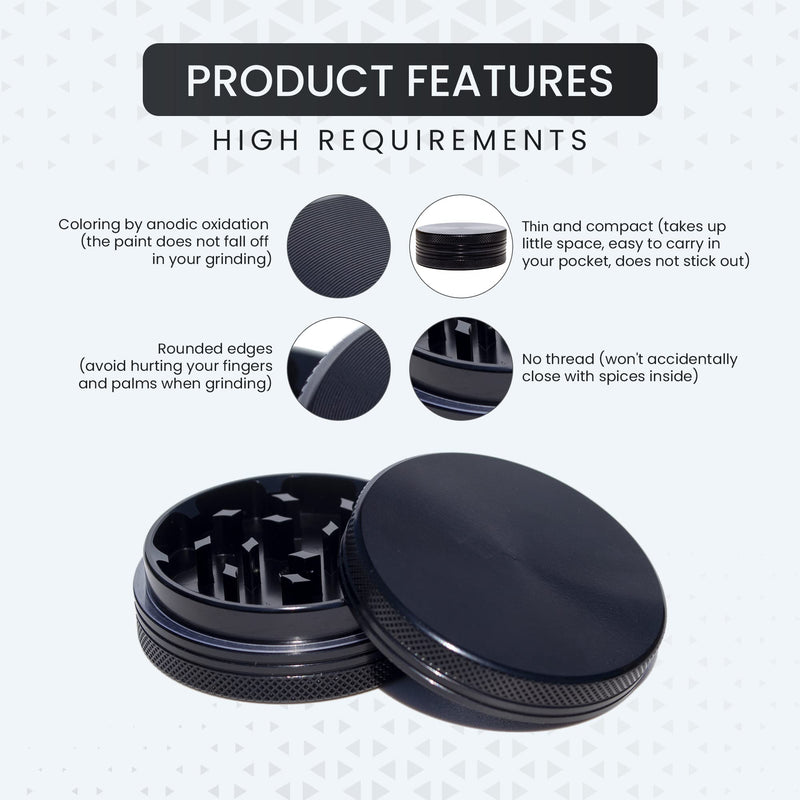 Small Thin Herb Chrome Crusher Grinder 2 inch (Black Color) Black
