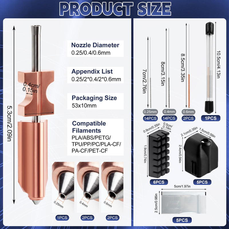 Upgraded AD5X Hotend Kit,0.25MM/2*0.4MM/2*0.6MM Nozzles,5 Silicone Sock,6 Nozzle Brush,30 Cleaning Needles,5 Silicone Greases,All Metal Quick-Detachable Nozzle Kit,32mm³/s High Flow,600mm/s High-Speed 0.25mm/2*0.4mm/2*0.6mm