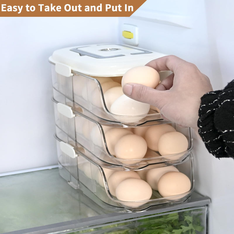 Egg Dispenser for Refrigerator, 3-Layer Clear Plastic Egg Holder Adopt Transparent PET Material & Hidden Handle Design – Egg Organizer for Refrigerator with Cover Lock Buckle (Capacity of 42 Eggs) Capacity of 42 Eggs