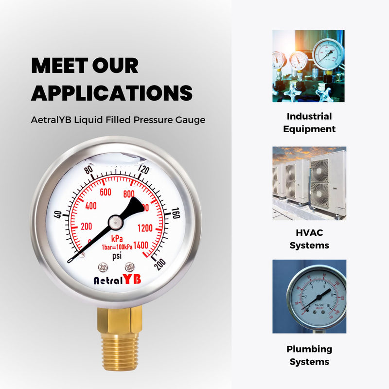 0-200 Psi 2-Inch Waterproof Pressure Gauge, Liquid-Filled, 1/4" NPT Lower Mount, Stainless Steel, Pressure Gauge for Water Pumps, Oil Systems, Pneumatic Air, and Pool Sand Filters 0-200psi