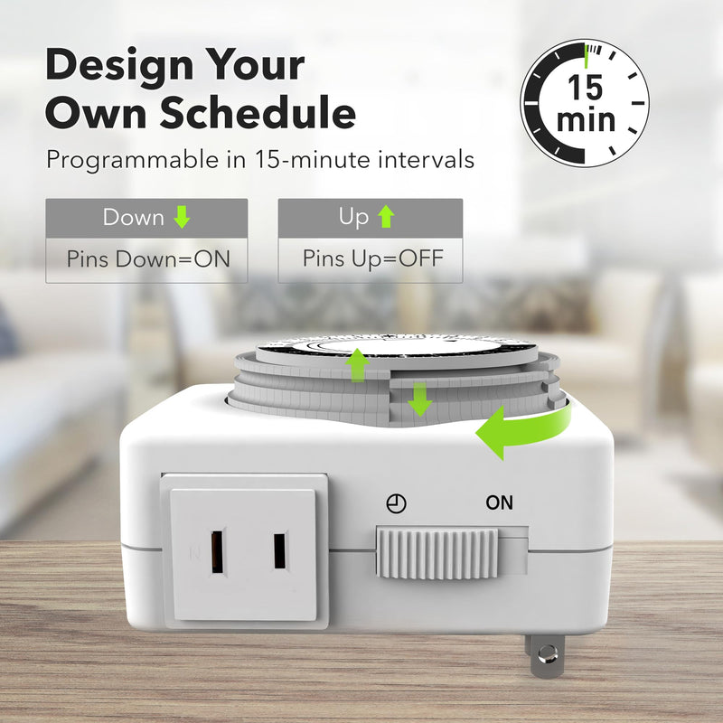 HBN Indoor Timers for Lamps,24 Hour Mechanical Indoor Timer for Electrical Outlets,Dual Outlets,15 Minute Intervals,Light Timer for Indoor Lighting,Heavy Duty Daily Cycle,2 Prong,1-Pack 2-Prong,1 Pack