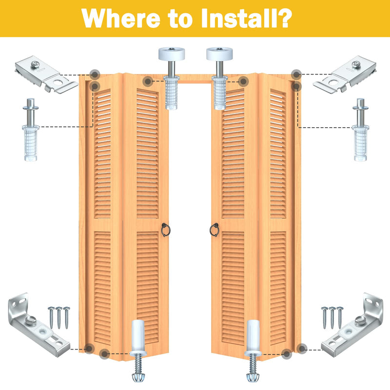 Closet Doors Bifold Door Hardware - 2 Pack Sliding Door Hardware Bi Folding Door Hardware Barn Pocket Repair Kits Includes Top and Bottom Brackets, Pivots with Guide Wheel for 1" to 1-3/8" Thick Doors