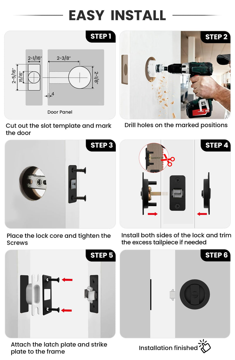 goldenwarm Matte Black Round Pocket Door Lock, Pocket Door Hardware for 2-1/8'' Round Bore Hole, Pocket Door Handles Fit 1-1/4'' to 2'' Thickness Sliding Door 2-3/8'' Latch 1 Pack Classic 1 Pack