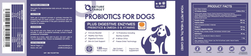 NATURE TARGET Probiotics for Dogs, 6 Billion Dog Probiotics with Prebiotics & Enzymes for Digestive & Gut Health, Pumpkin, Omega-3 & Multivitamins for Itchy Skin, Allergies, 120 Dogs Probiotics Chews 120 Count (Pack of 1)