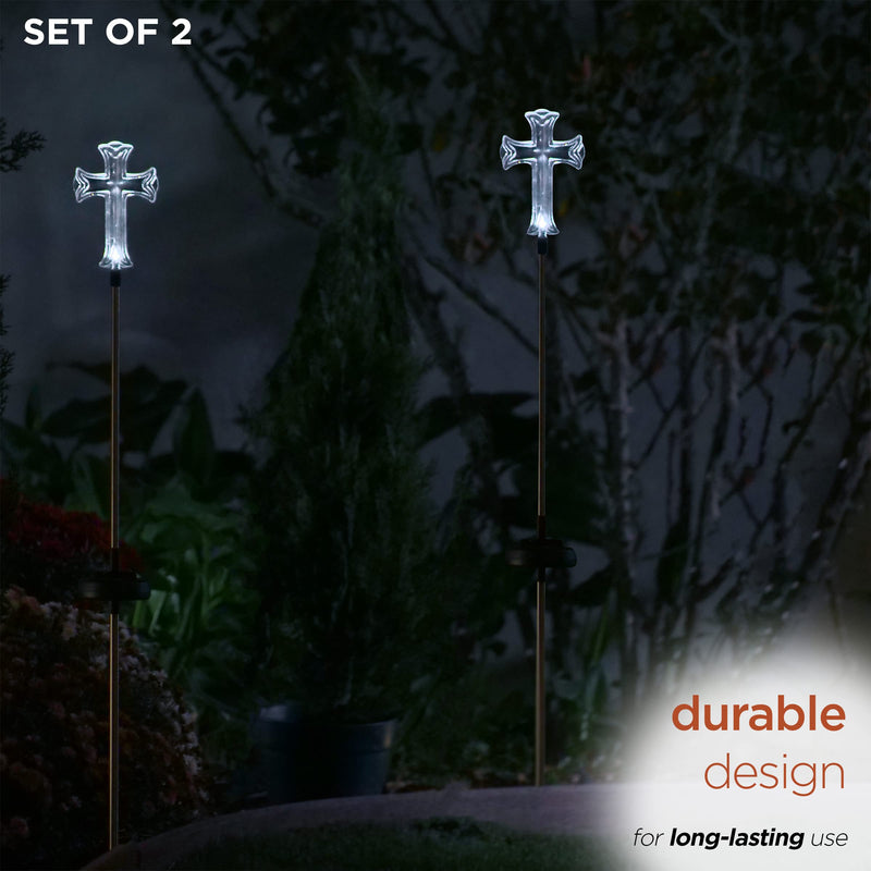 Alpine Corporation 34" Tall Outdoor Solar Powered Cross Pathway Light Stakes (Set of 2)