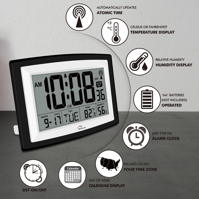 WallarGe Atomic Clock with Indoor Temperature and Humidity, 12.5 Inch Self-Setting Digital Wall Clock or Desk Clock, Battery Operated Digital Clock Large Display for Seniors, Auto DST 12.5 inches