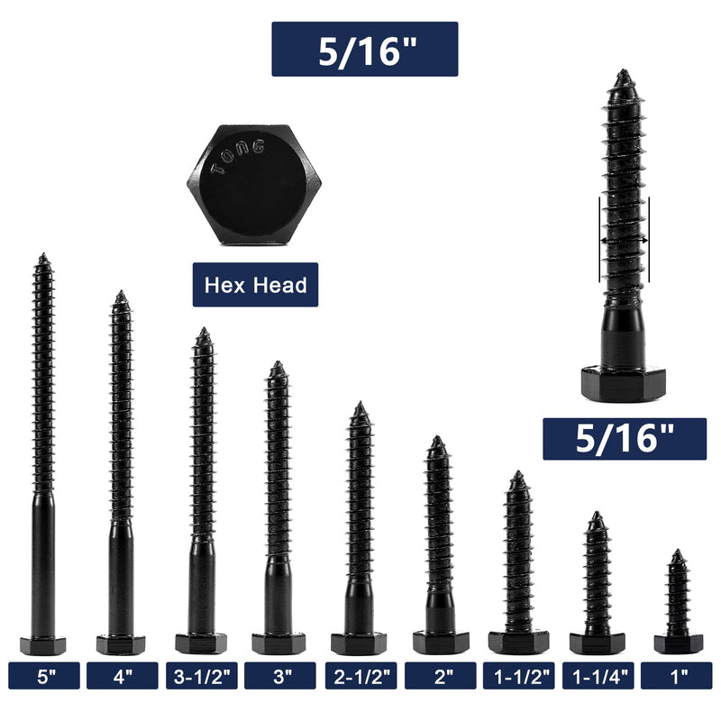 5/16" x 2" Hex Head Lag Screws Bolts 20Pcs 304 Stainless Steel 18-8, Partial Thread, Hexagon Head Wood Screws by Black Oxide by SG TZH 20 5/16" x 2"
