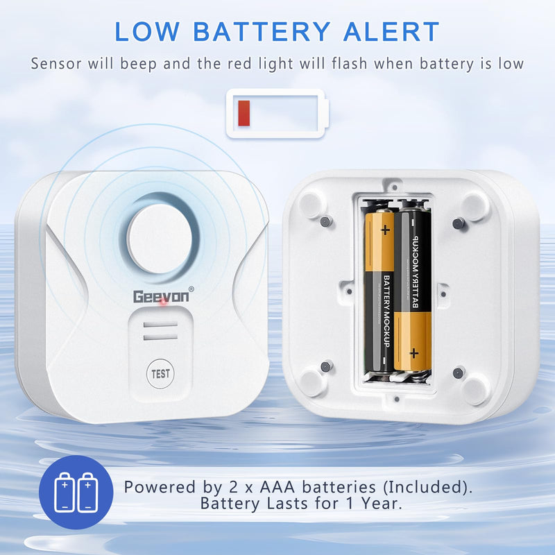 Geevon 2 Pack Water Leak Detectors for Home, 100dB Loud Water Sensor Alarm Leak Detectors with Drip Alert for Kitchen, Basements, Laundry Rooms, IP56 Waterproof(Battery Included) Water Drip & Leak Sensors 2 Pack