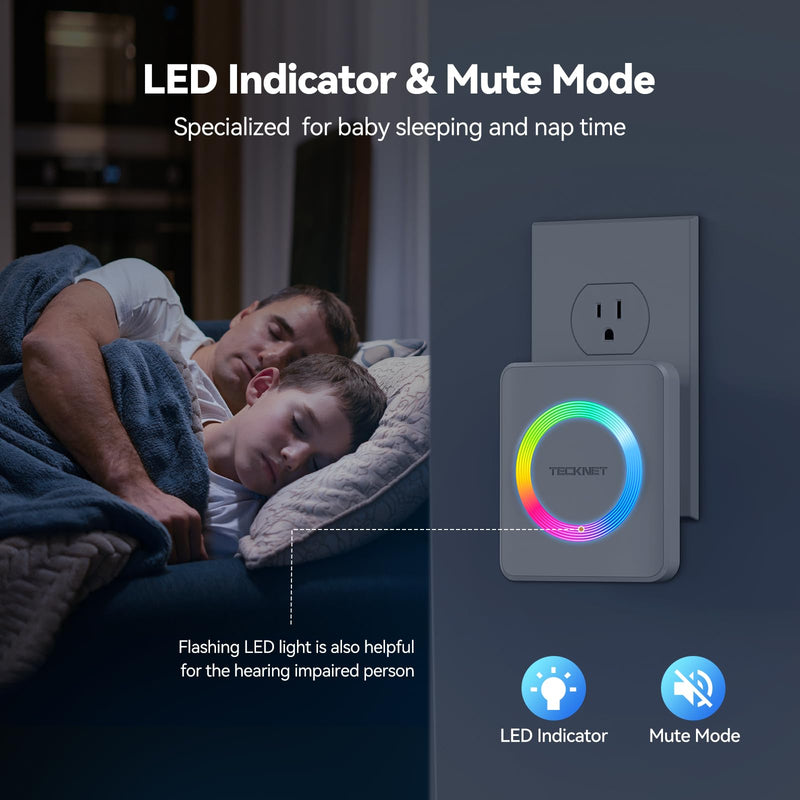 TECKNET Wireless Doorbell, 0-120dB Door Bell, 1300 ft Wireless Range, IP65 Waterproof Classroom Doorbell, 60 Chimes & 5 Volume Levels, RGB Light for Hearing Impaired 1 button & 1 plug-in receiver White