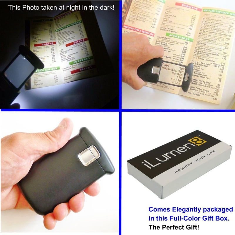 Best Pocket Magnifying Glass by iLumen8-3X Small Magnifier with Lights. Great for Seniors, Kids, Travel. Fits into Purse or Pocket Read Maps, Menu, Jewelry, Coins Hobby Stamps. Lighted Low Vision Aid 1 Magnifier