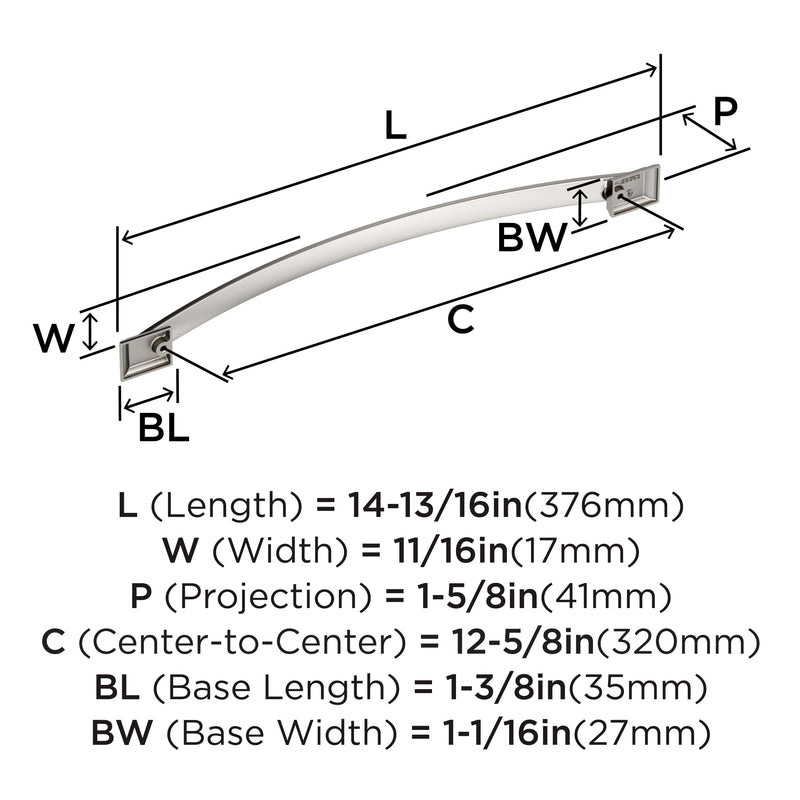 Amerock 12-5/8" Candler Polished Nickel Drawer Pull | 12-5/8 inch (320mm) Center-to-Center Mounting Distance and 14-13/16 inches Overall Length, Durable Zinc Cabinet Hardware 12-5/8 Inch (320 mm) Center-to-Center
