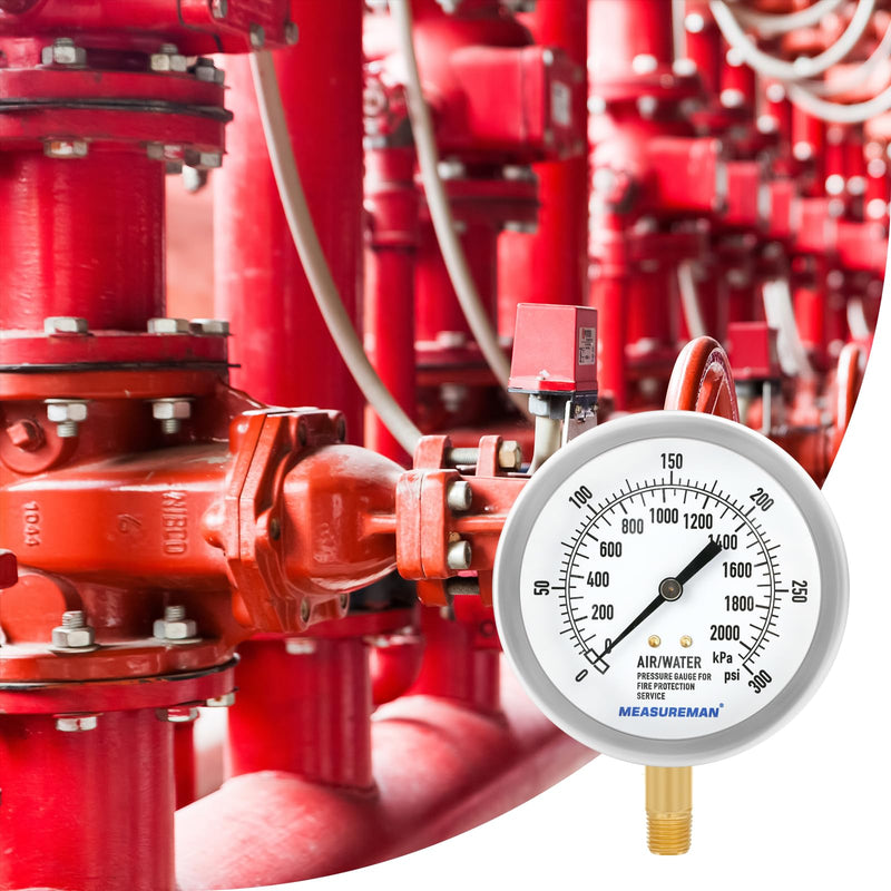 MEASUREMAN 3.5" Fire System Pressure Gauge Kit，0-300 PSI Dual Scale，1/4 NPT Lower Mount，Complete with 304 SS Pipe, 3-Way Valve and NPT Fittings，3%−2%−3% Accuracy 0-300psi&3-Way Valve&Pipe Fittings