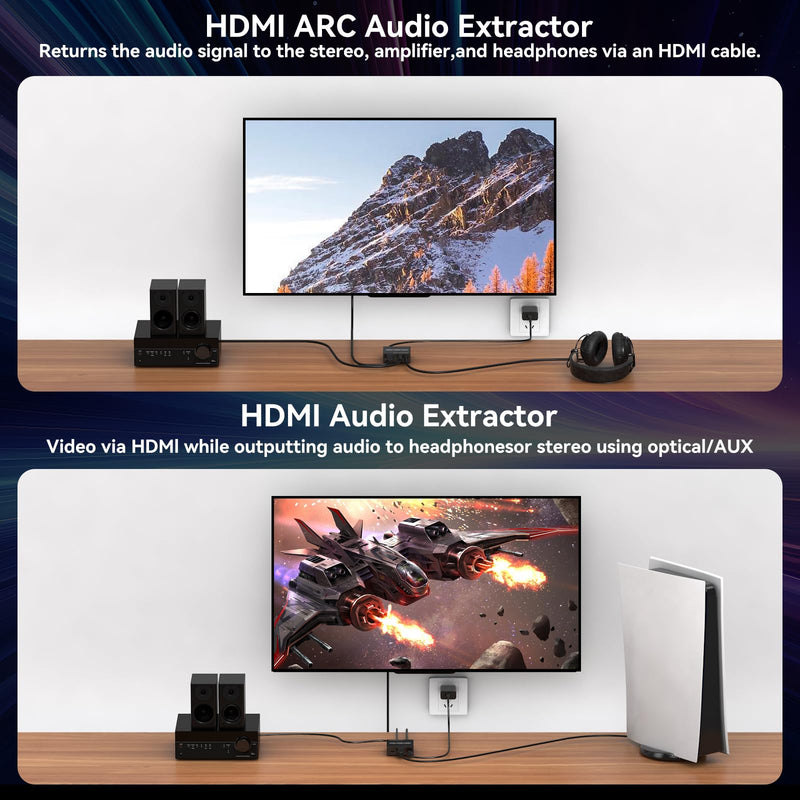 HDMI ARC Audio Extractor 4K60Hz HDMI to Optical/SPDIF 3.5mm AUX Audio Adapter Converter Splitter Support LPCM 5.1/DTS/DSD for Laptop/TV Box/DVD/PS5