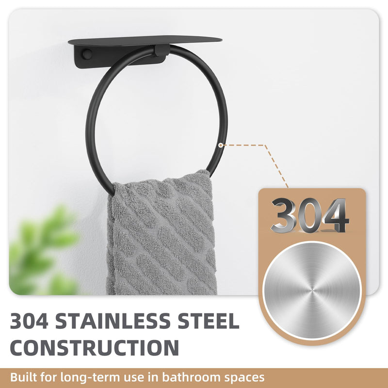 Aomasi Matte Black Bathroom Towel Ring with Shelf, Solid Stainless Steel Wall Mounted Towel Holder