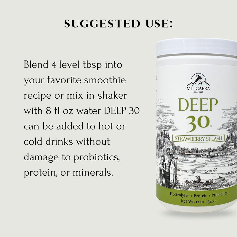 Mt. Capra Deep 30 | Meal Replacement Shake, Goat Protein Powder with Grass-Fed Whey Protein, Casein Protein, Minerals, and BC-30 Probiotics | Strawberry Splash | 11 Servings - 12 Ounces
