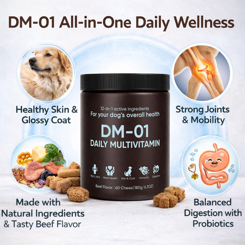DM-01 Daily Multivitamin for Dogs, Dog Daily Multivitamin for Skin & Coat Health, Joint Support, Digestive Health, with Salmon Oil, Chondroitin, and Natural Vitamins, Beef Flavor, 60 Chews (1) 1