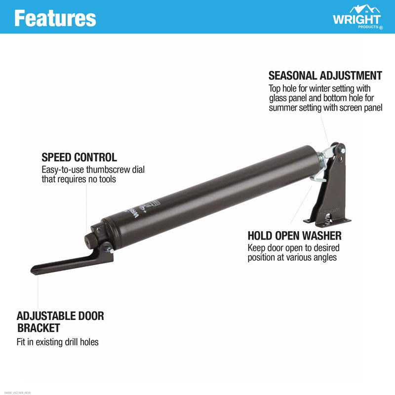 Wright Products Pneumatic Storm Door Closer – Adjustable, Smooth-Closing with Hold-Open Washer (Modern, Bronze) Modern