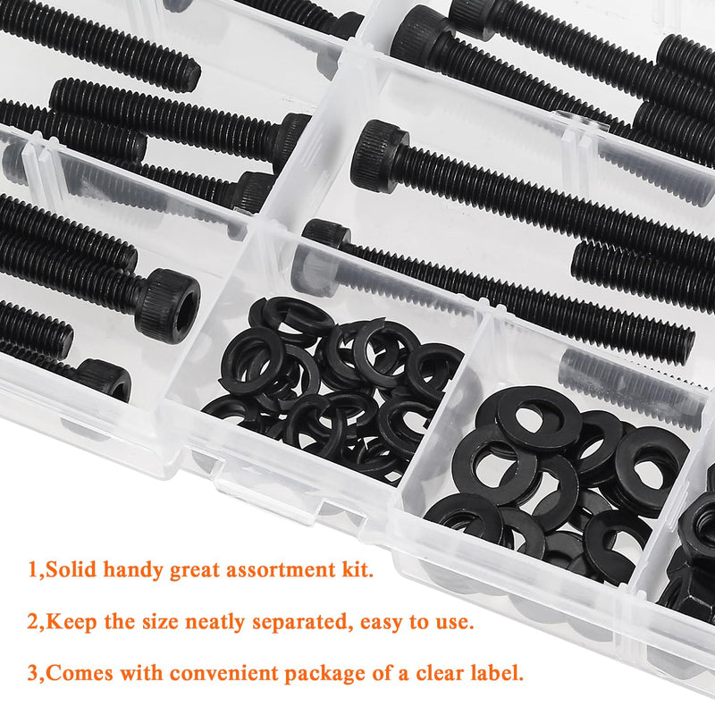 80 Pieces M6 x 30mm /35mm /40mm /45mm /50mm, Hex Socket Head Cap Metric Screws Bolts Washers Nuts Kit, 12.9 Grade Alloy Steel, Fully Threaded, Black M6 x 30/35/40/45/50mm